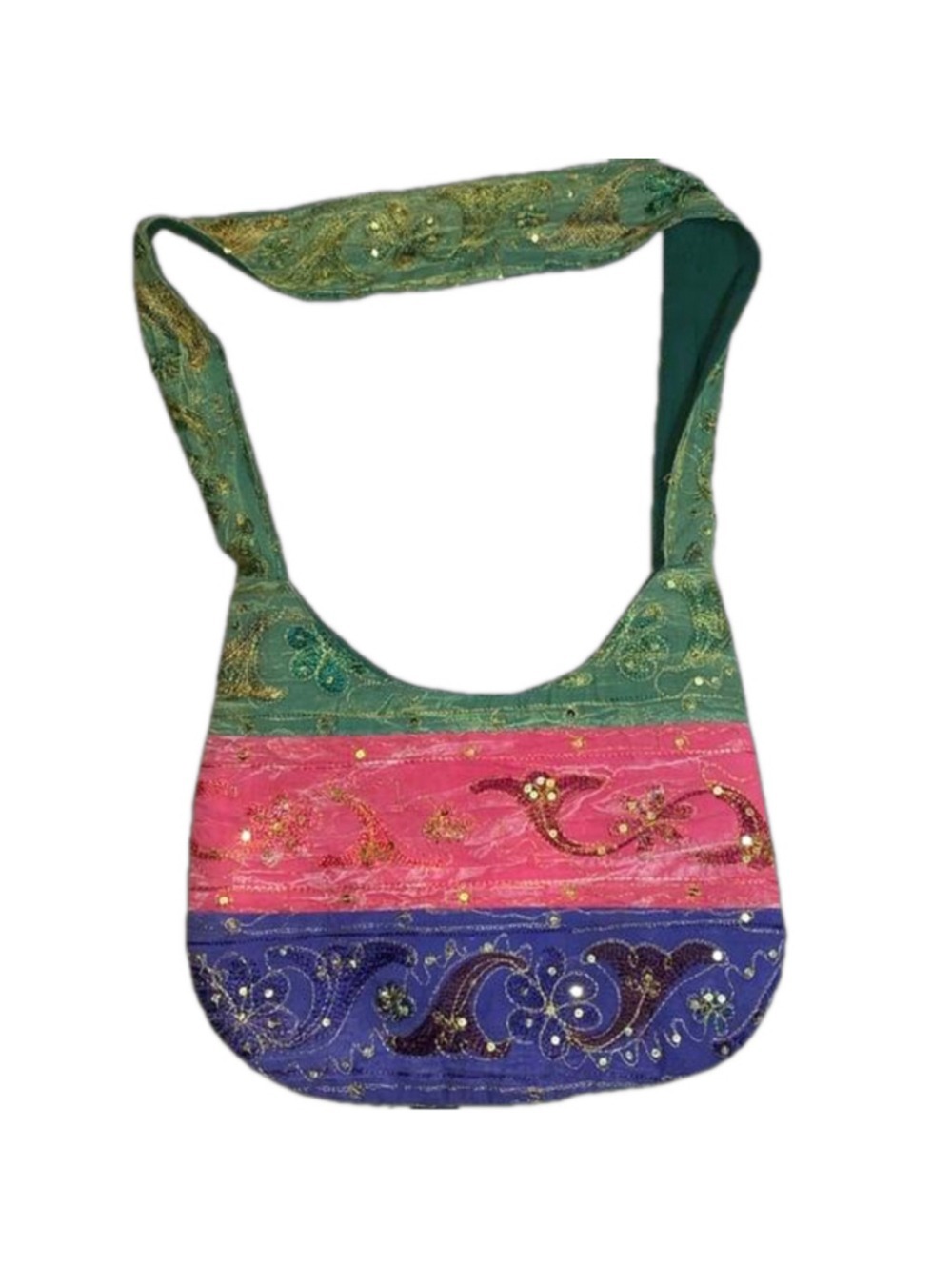 Boho fabric shoulder bag with gold embroidery and sequins green, pink & purple